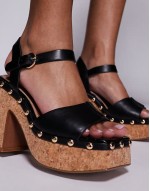 cork platform heeled sandal in black