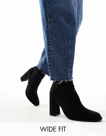 Maddie wide fit block heel ankle boots in black micro