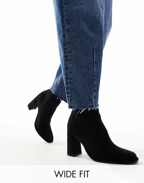 Maddie wide fit block heel ankle boots in black micro