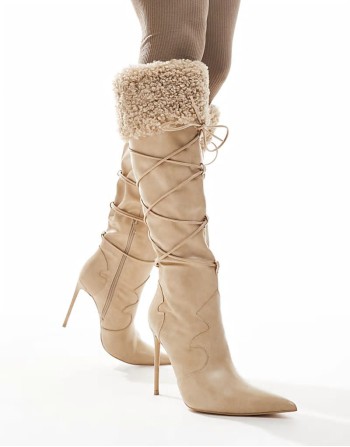 Crusader fur trim pointed knee boots in cream