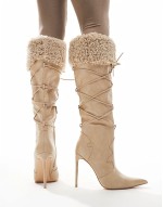 Crusader fur trim pointed knee boots in cream