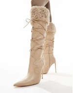 Crusader fur trim pointed knee boots in cream