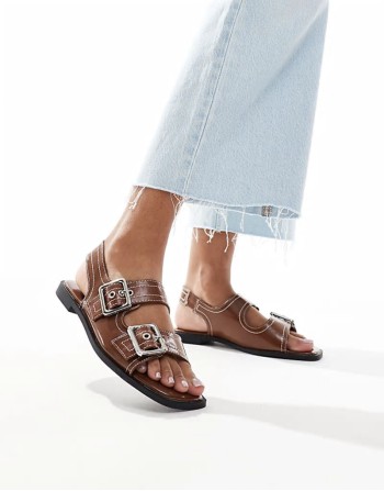 slingback chunky patent sandal with contrast stitch in brown