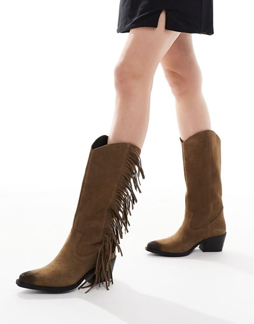 boho tassle suede western boots in tan