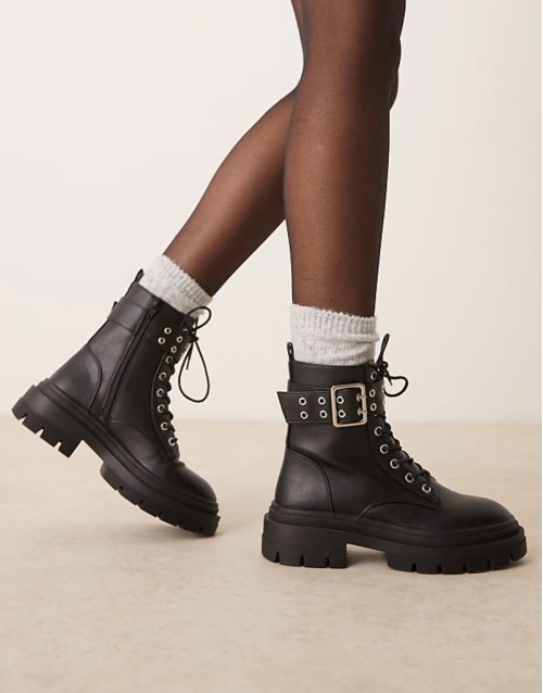 double buckle lace up ankle boot in black