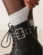 double buckle lace up ankle boot in black