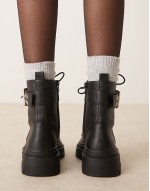 double buckle lace up ankle boot in black