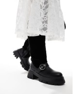 Switch Up fluffy fur knee boots with buckles in black