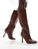 ‌Stylish kitten heel knee boots in cognac croc