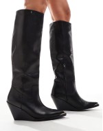 Xyla western wedge knee boots in black leather