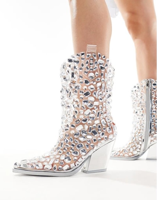 Gemmy embellished western ankle boots in silver