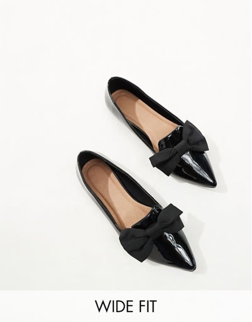 Wide Fit Lake bow pointed ballet flats in black