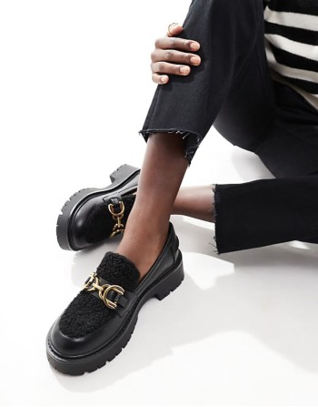 Roxy wide fit chunky loafers with teddy fur in black