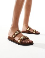 gold shell embellished double strap flat sandals in faux suede brown