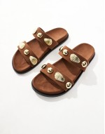 gold shell embellished double strap flat sandals in faux suede brown